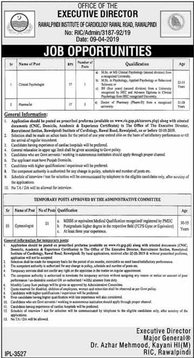 Rawalpindi Institute of Cardiology (RIC) Jobs 2019 for Pharmacist and Medical Posts