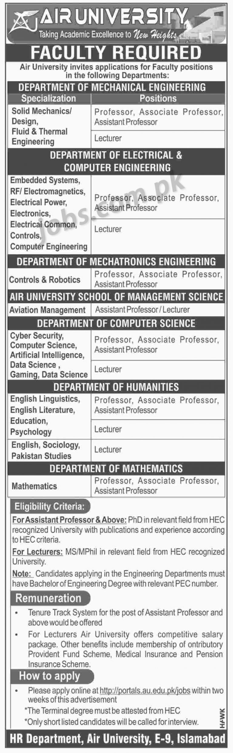 Air University Jobs 2019 for Teaching Faculty (All Departments)
