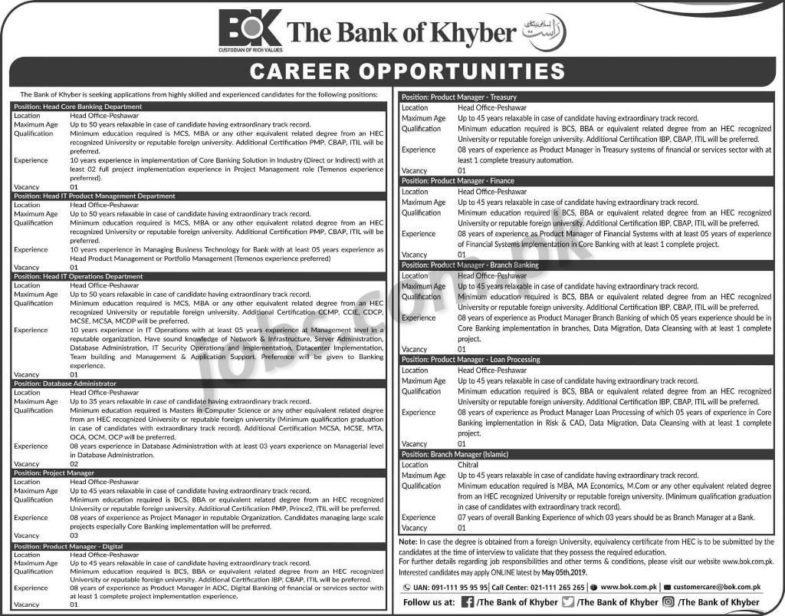 Bank of Khyber (BOK) Jobs 2019 for 14+ Posts in Multiple Divisions