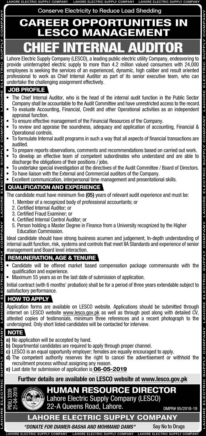 LESCO Jobs 2019 for Chief Internal Auditor