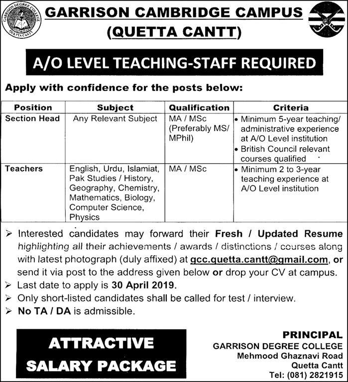 Garrison Cambridge Campus (Quetta) Jobs 2019 for Teachers & Section Head