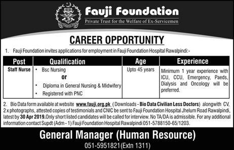 Fauji Foundation Jobs 2019 for Staff Nurses (Rawalpindi)