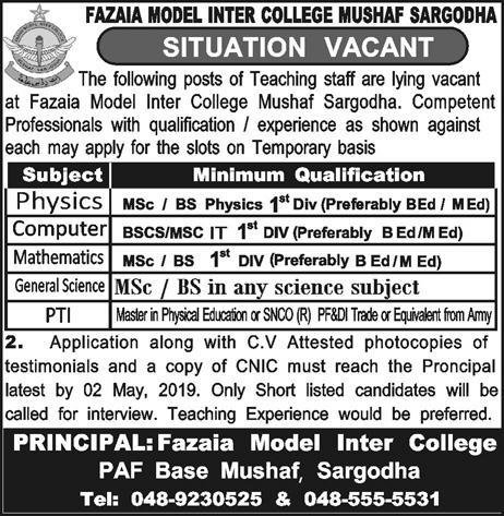 Fazaia Model Inter College Mushaf Sargodha Jobs 2019 for Teaching Staff
