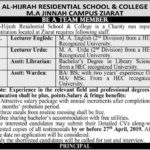 Al-Hijrah Residential School & College Ziarat Jobs 2019 for Asst Librarian, Warden & Teaching Staff
