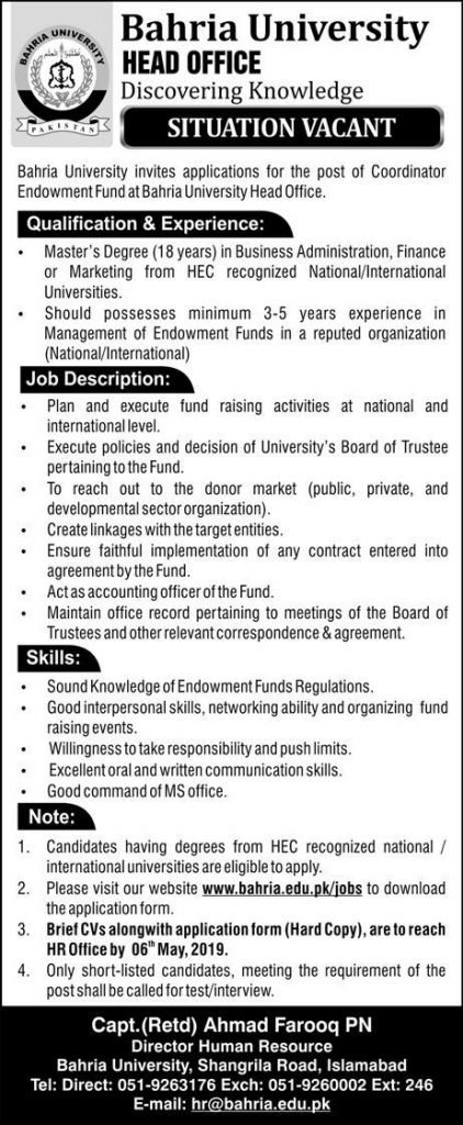 Bahria University (Islamabad) Jobs 2019 for Coordinator