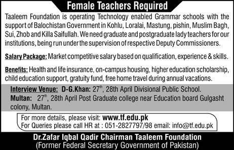 Taaleem Foundation Jobs 2019 for Female Teachers
