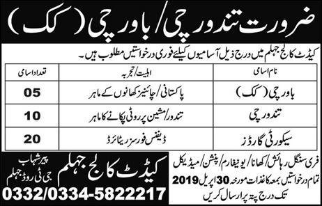 Cadet College Jhelum Jobs 2019 for 35+ Cook and Security Guards Staff