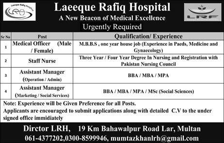 Laeeque Rafiq Hospital Multan Jobs 2019 for Staff Nurses, Medical Officers, Admin, Marketing Assistant Managers