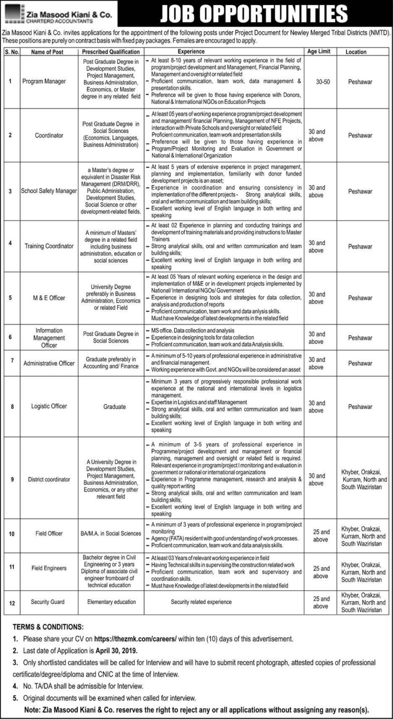 Zia Masood Kiani & Co Jobs 2019 for 28+ IT, Admin, Engineering, Coordinators, Field Officers, M&E & Other Posts