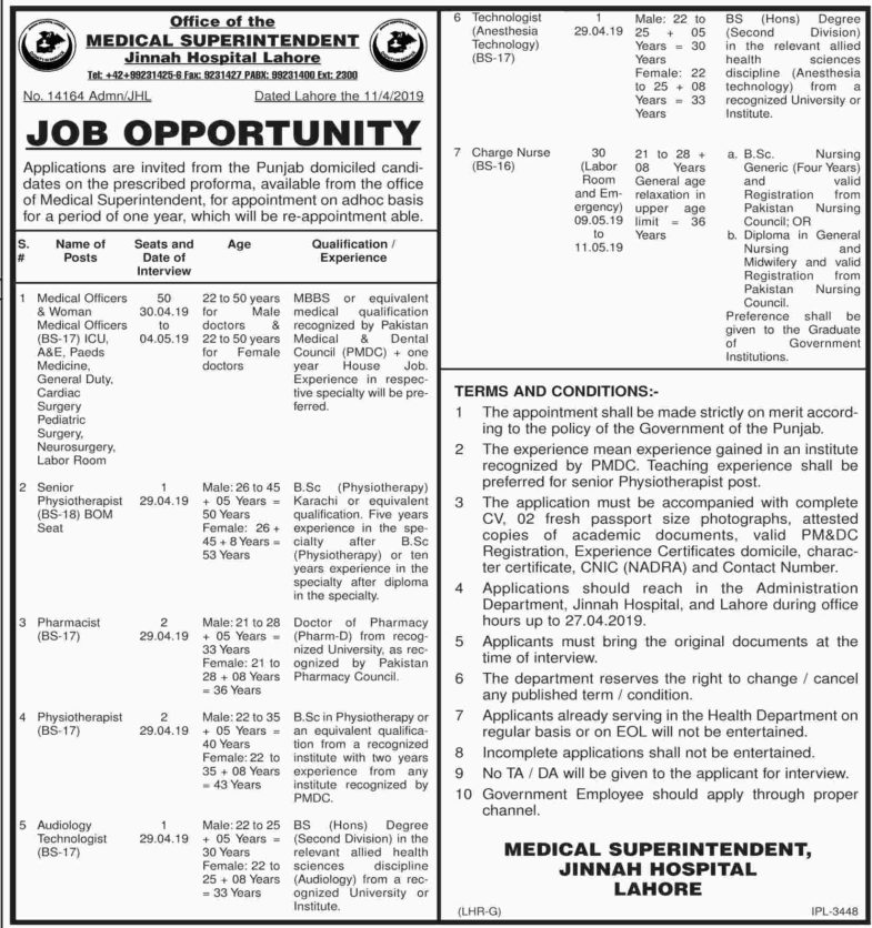 Jinnah Hospital Lahore Jobs 2019 for 87+ Charge Nurses, Medical Officers, Pharmacist & Other Posts