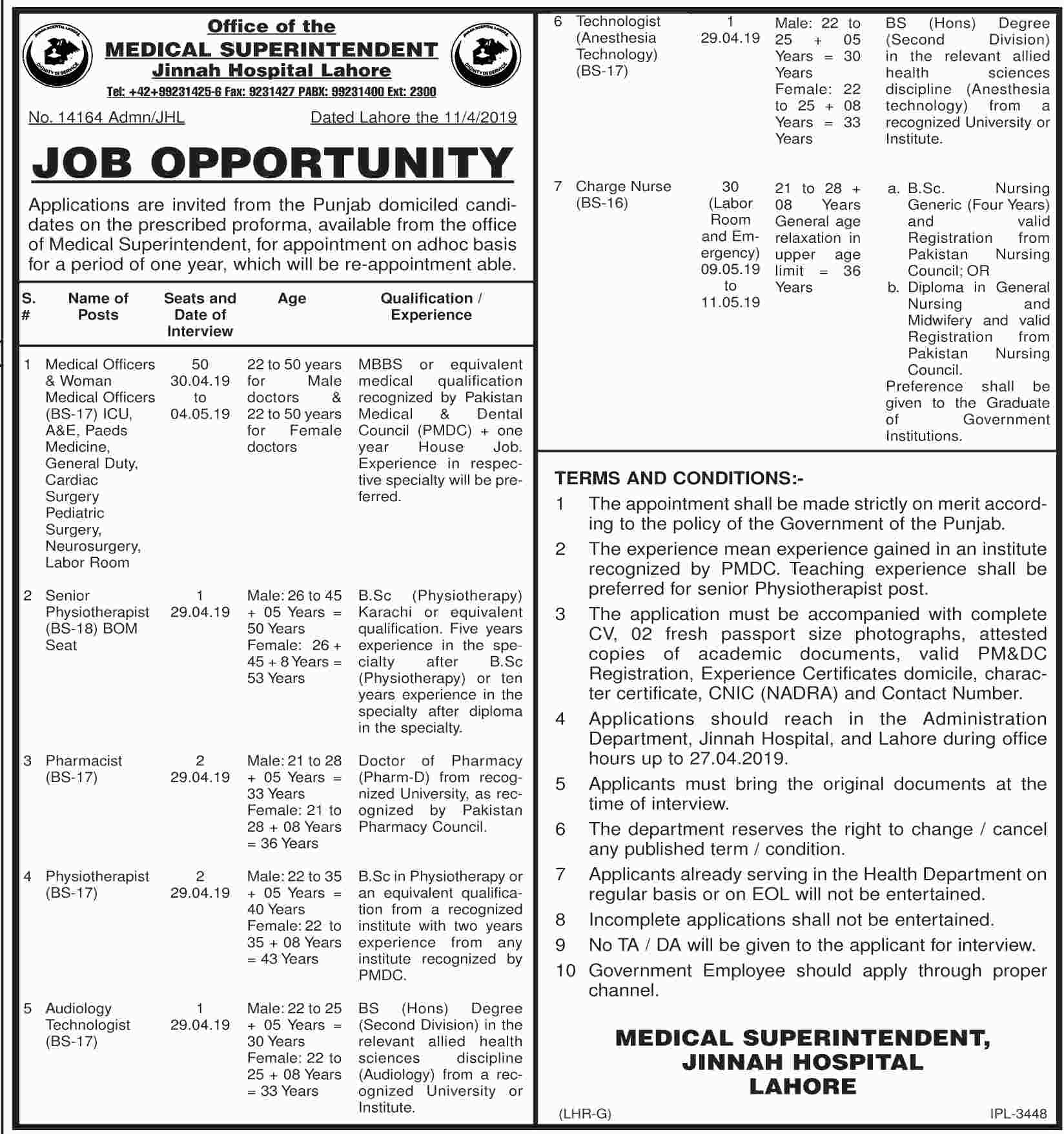 Jinnah Hospital Lahore Jobs 2019 for 87+ Charge Nurses, Medical Officers, Pharmacist & Other Posts