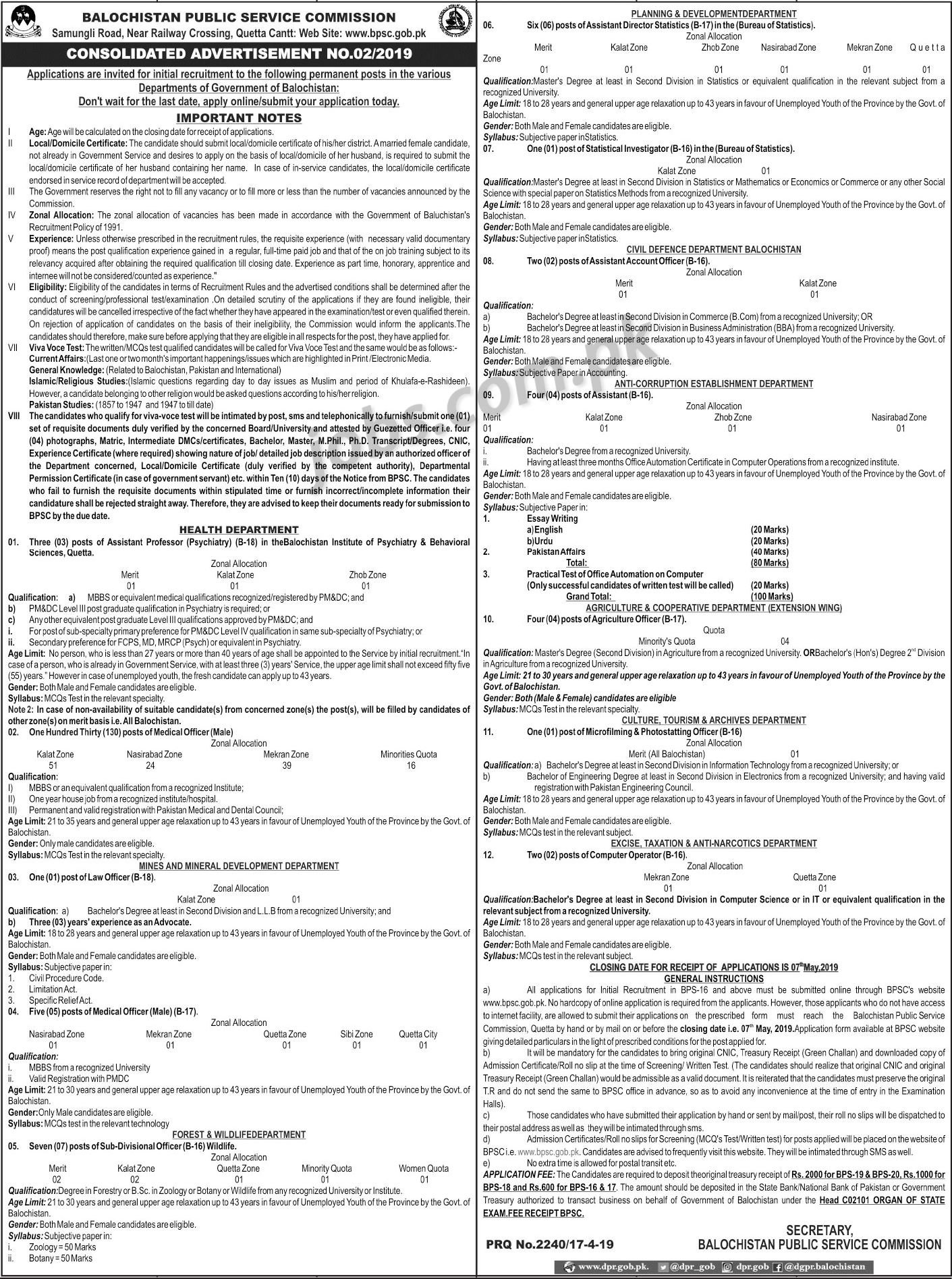 BPSC Jobs 2/2019: 170+ Medical, Teaching, Accounts, Admin, Agriculture, IT & Other Posts in Balochistan Govt