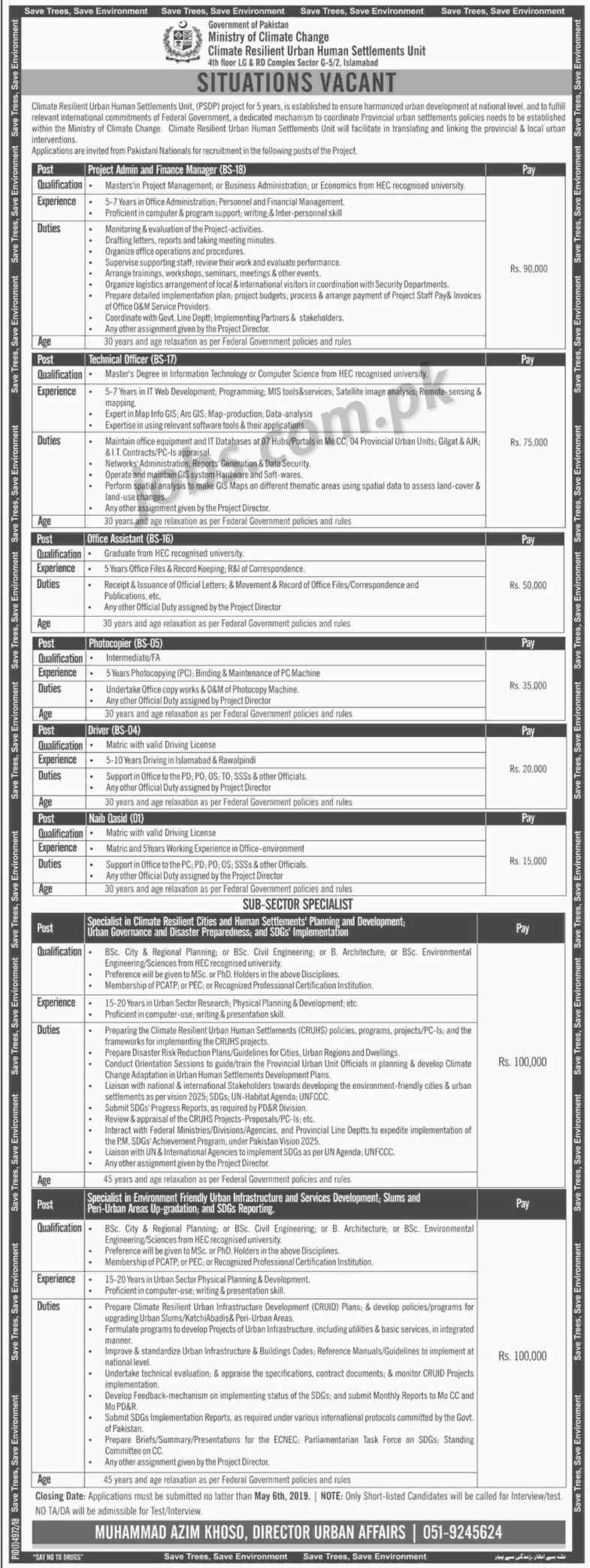 Ministry of Climate Change Pakistan Jobs 2019 for Admin/Finance, IT, Office Assistants, Specialists & Office Staff