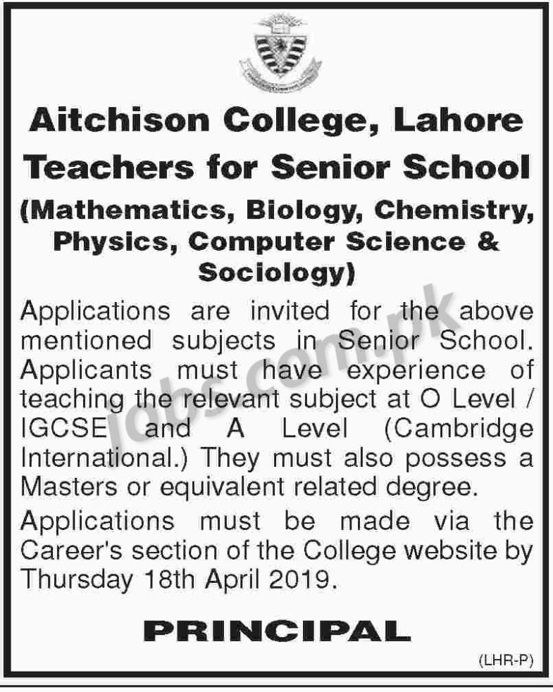 Aitchison College Jobs 2019 for Teachers (Various Subjects)