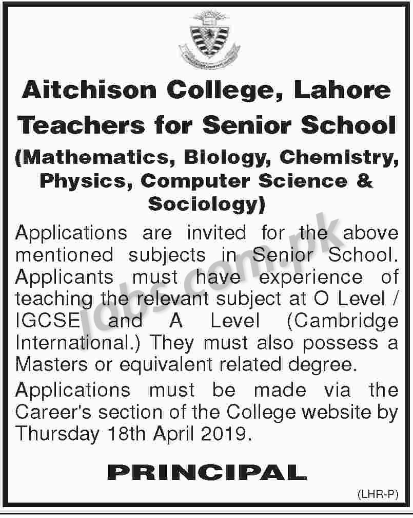 Aitchison College Jobs 2019 for Teachers (Various Subjects)