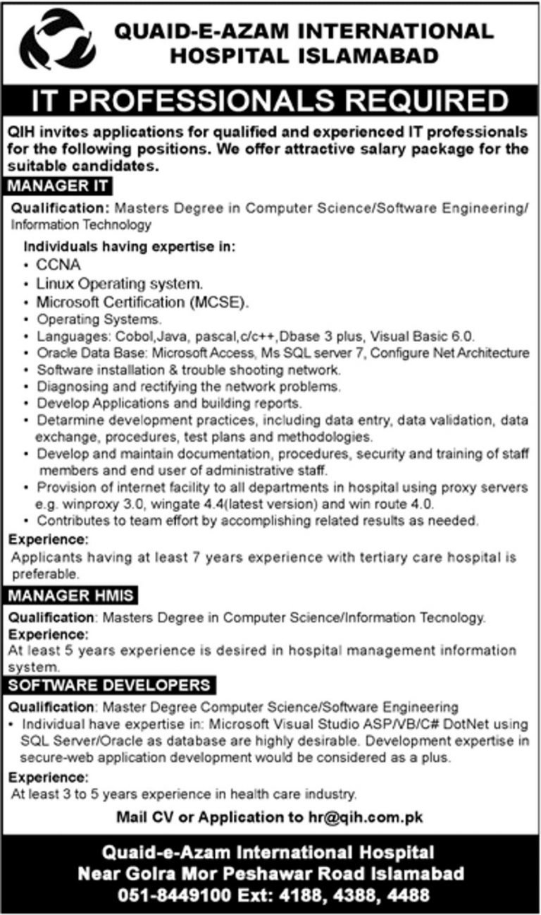 Quaid-E-Azam International Hospital Islamabad Jobs 2019 For Manager IT, Manager HIMS