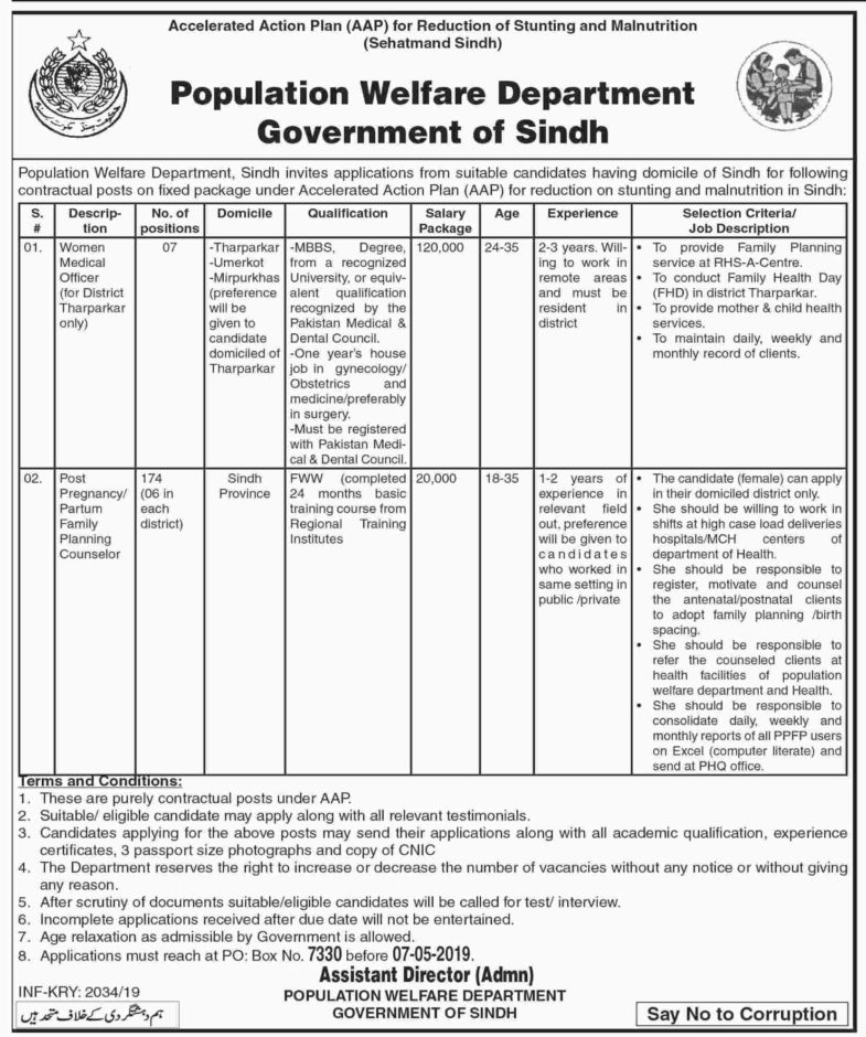 Population Welfare Department Sindh Jobs 2019 For 181+ Family Planning Counselors and Medical Officers