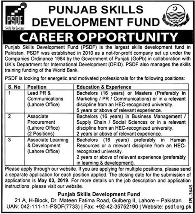 Punjab Skills Development Fund (PSDF) Jobs 2019 for Procurement, PR/Communications & Associate Posts