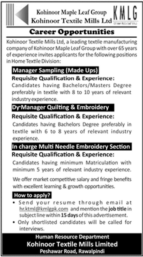 Kohinoor Textile Mills Ltd Jobs 2019 For Various Posts – Latest
