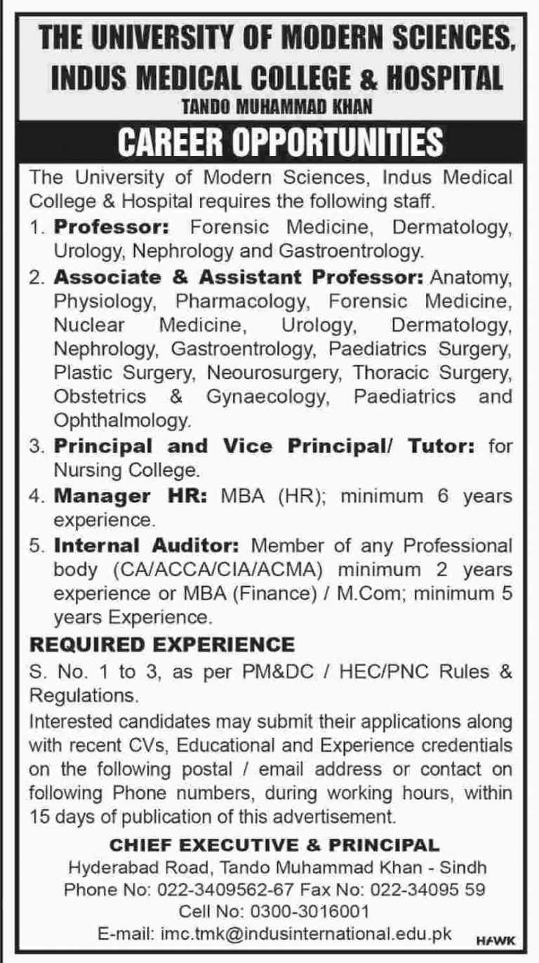 Indus Medical College & Hospital TMK Jobs 2019 for HR, Audit and Teaching Faculty