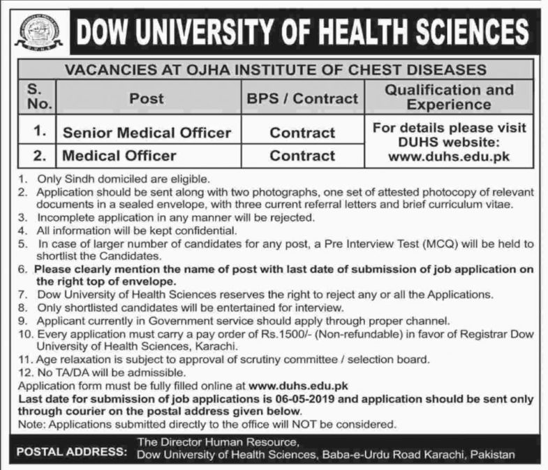 Dow University Of Health & Sciences Jobs 2019 For Medical Officers