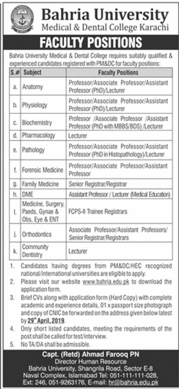 Bahria University (Karachi) Jobs 2019 For Medical & Teaching Faculty