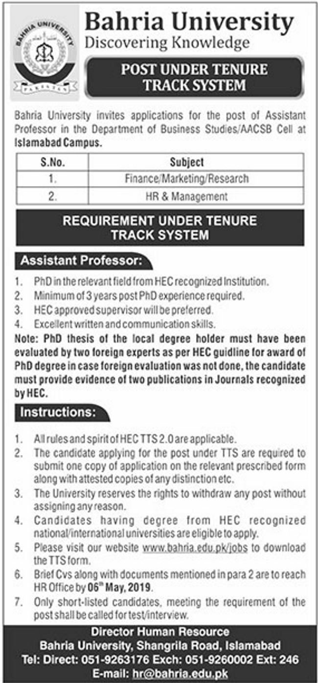Bahria University (Islamabad) Jobs 2019 For Teaching Faculty