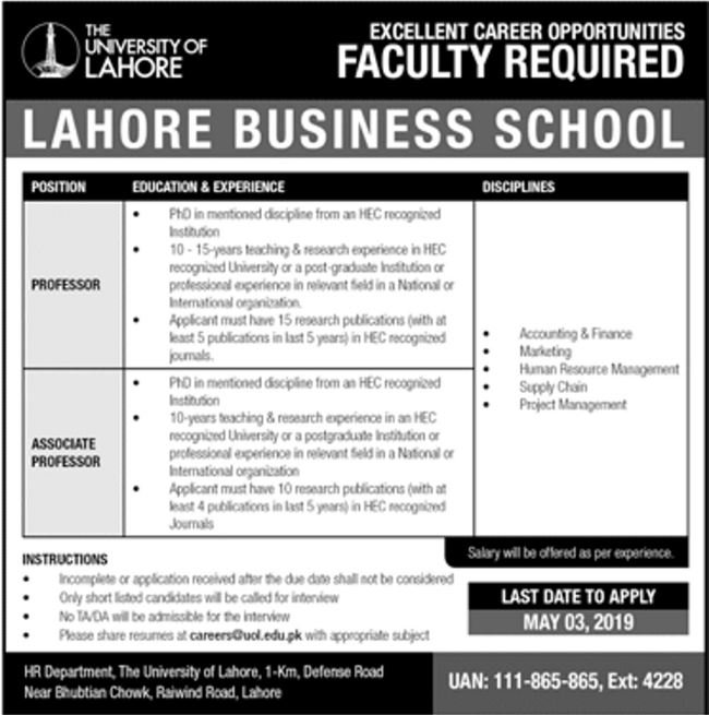 The University Of Lahore Jobs 2019 For Teaching Faculty