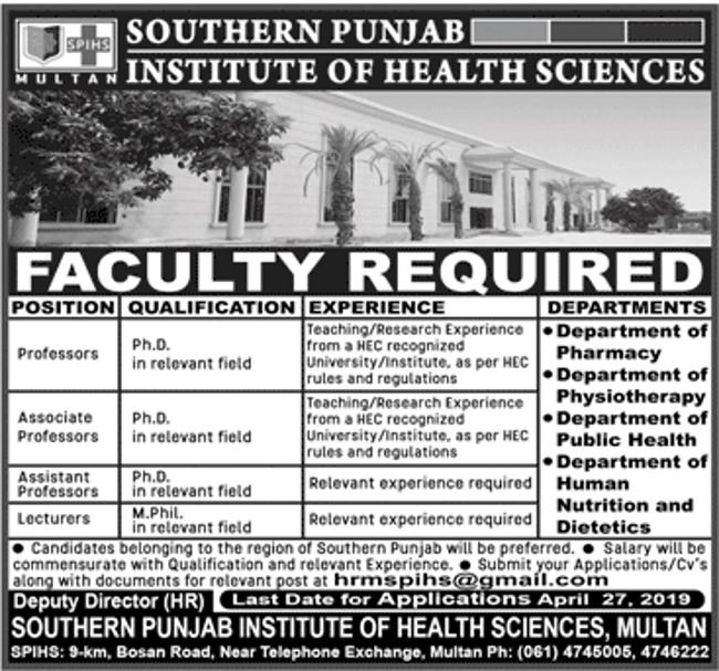 Southern Punjab Institute Of Health Sciences Jobs 2019 For Teaching Faculty