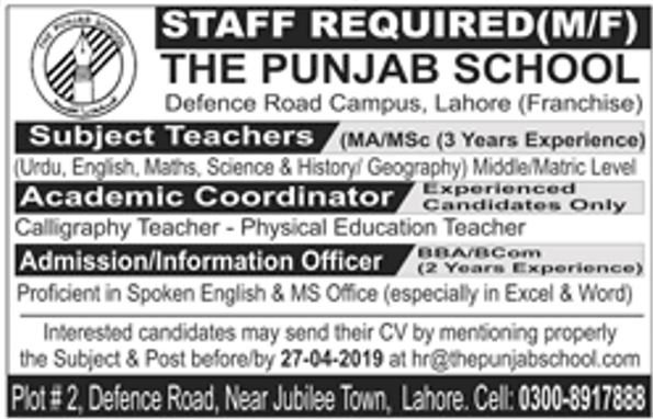 The Punjab School Lahore Jobs 2019 For Teaching & Non-Teaching Staff