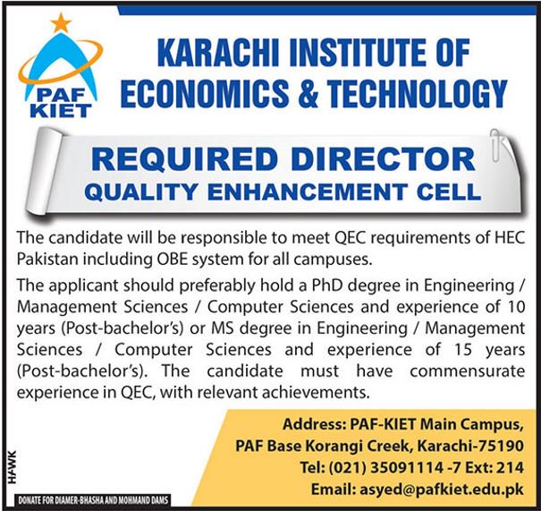 PAF-KIET Institute Karachi Jobs 2019 For Director