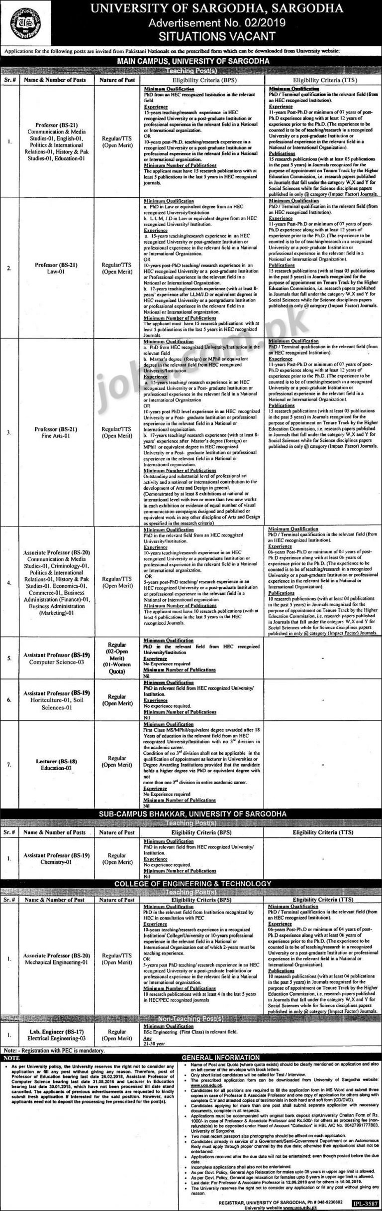 University of Sarbodha Jobs 2/2019 for 28+ Lab Engineer & Teaching Faculty