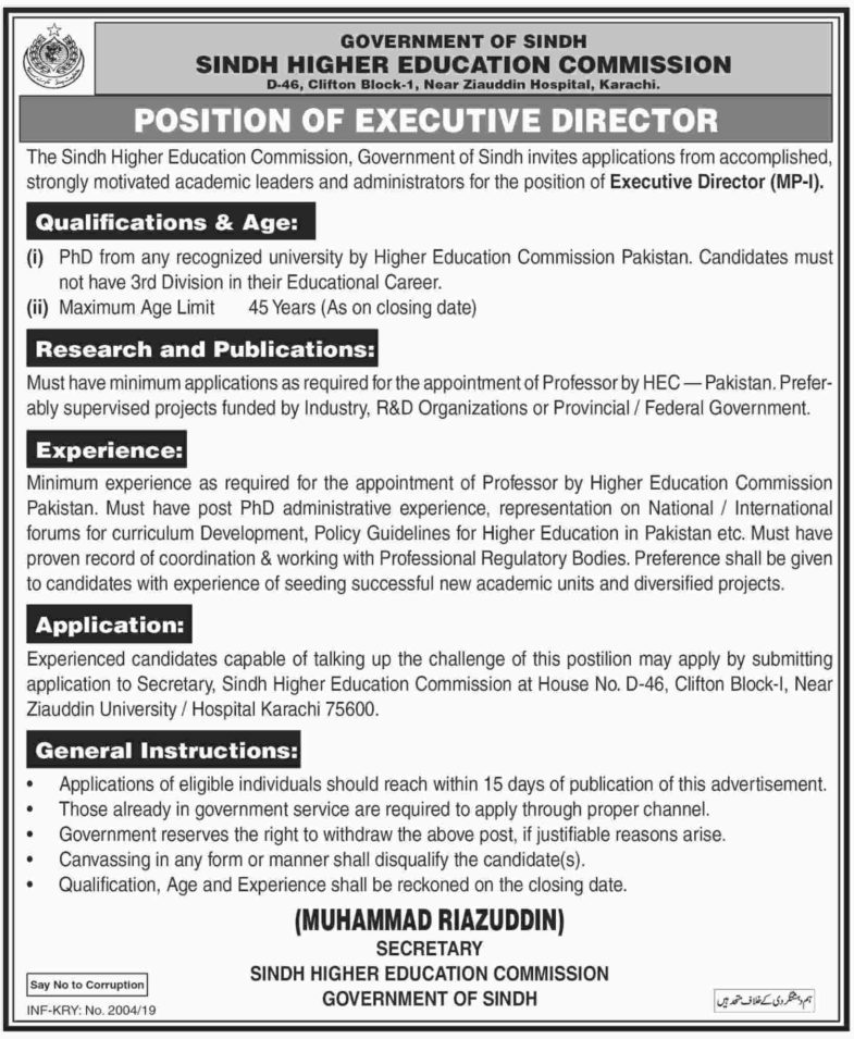 Sindh Higher Education Commission Jobs 2019 for Executive Director / Management