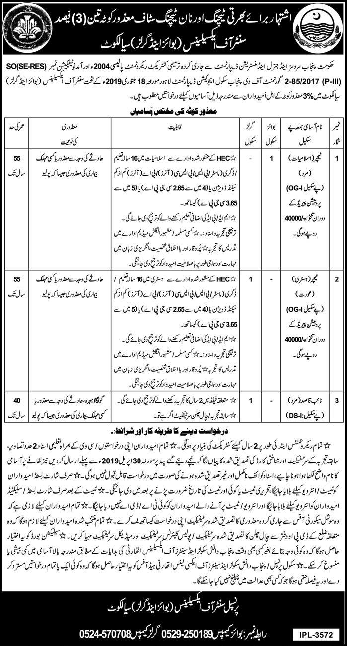 SGAD Department Punjab Jobs 2019 for Naib Qasid & Teachers (Disable Quota) (Sialkot)