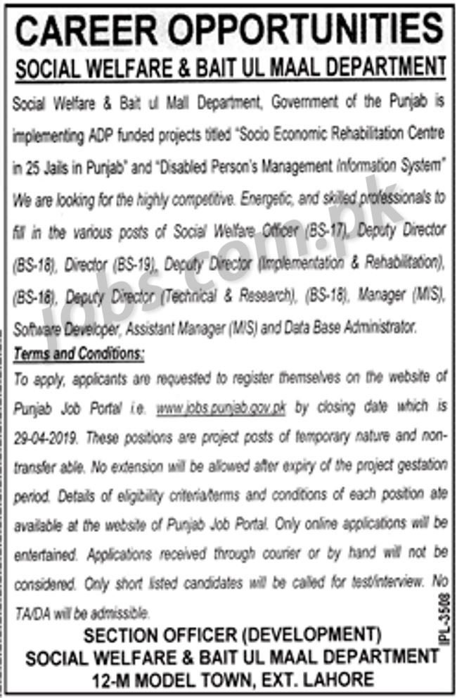 Social Welfare & Bait ul Maal Department Jobs 2019 for 100+ Social Welfare Officers, IT and Other Posts (25+ Jails)