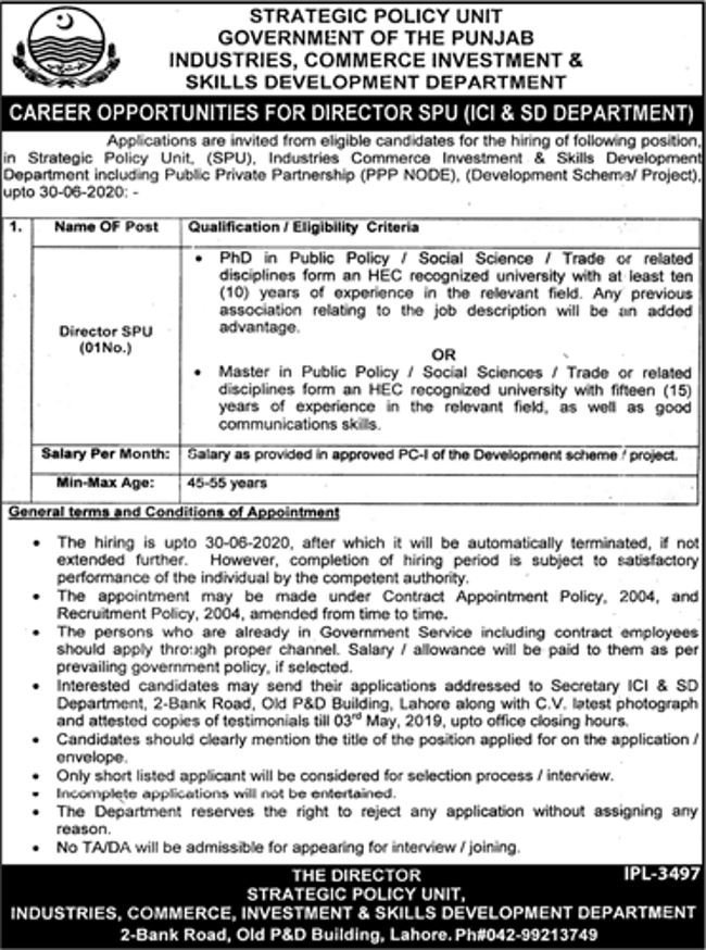 ICISD Department Punjab Jobs 2019 for Director SPU Post