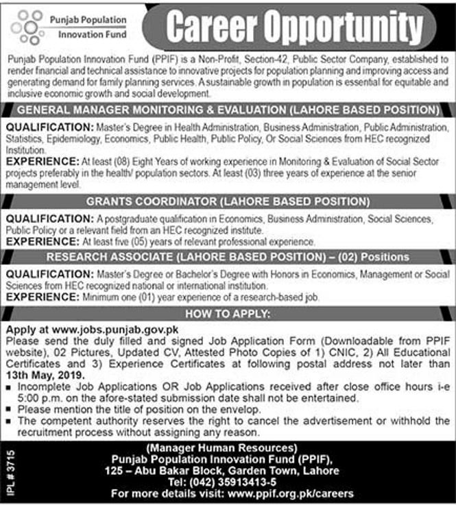 Punjab Population Innovation Fund (PPIF) Jobs 2019 for Coordinator, Research & M&E GM Posts