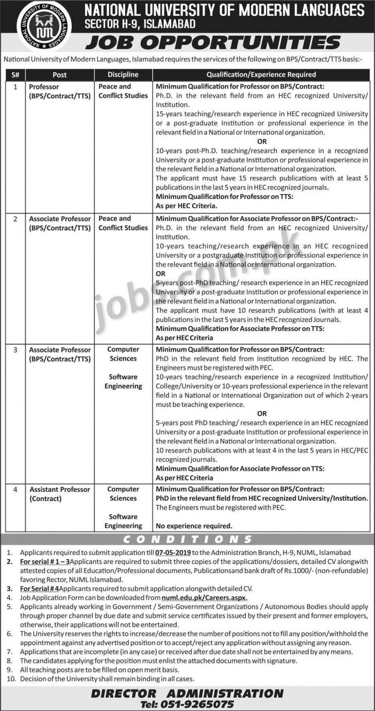 NUML (Islamabad) Jobs 2019 for Teaching Faculty