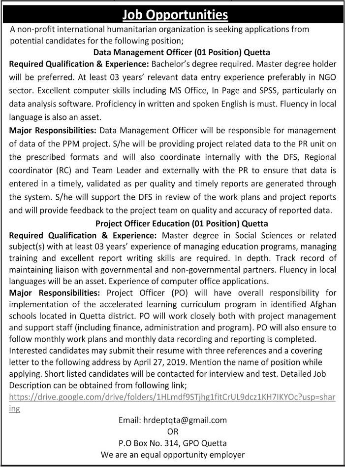 International NGO Jobs 2019 for Project Officer & Data Management Officer Posts