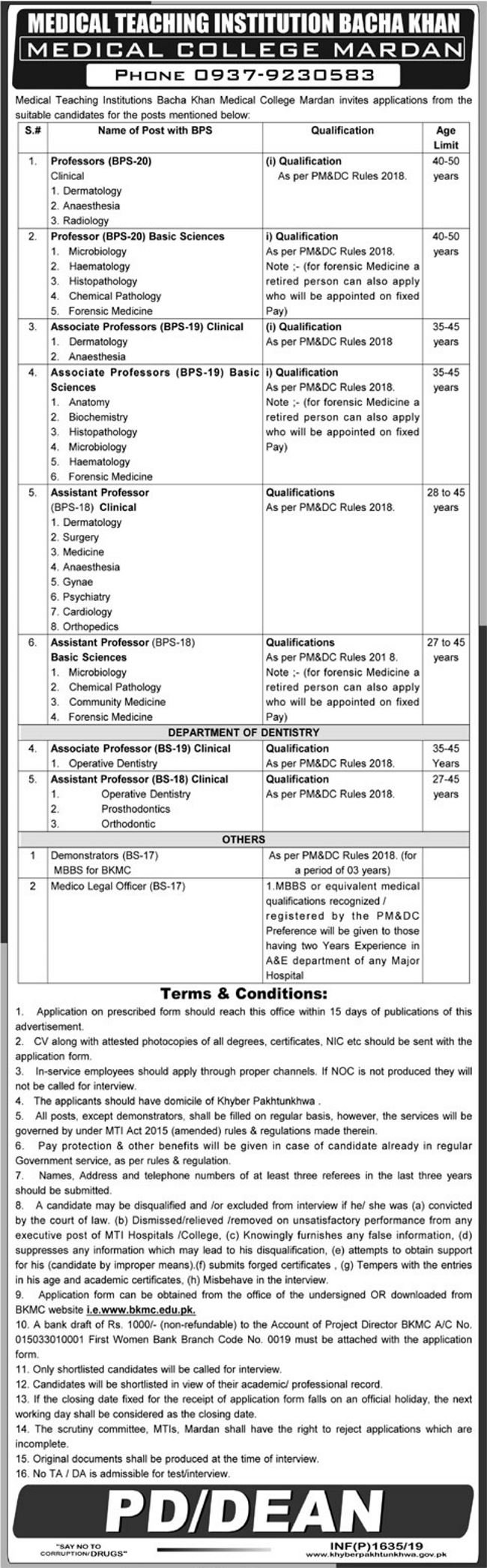 MTI Bacha Khan Medical College Mardan Jobs 2019 for Legal, Medical & Teaching Staff