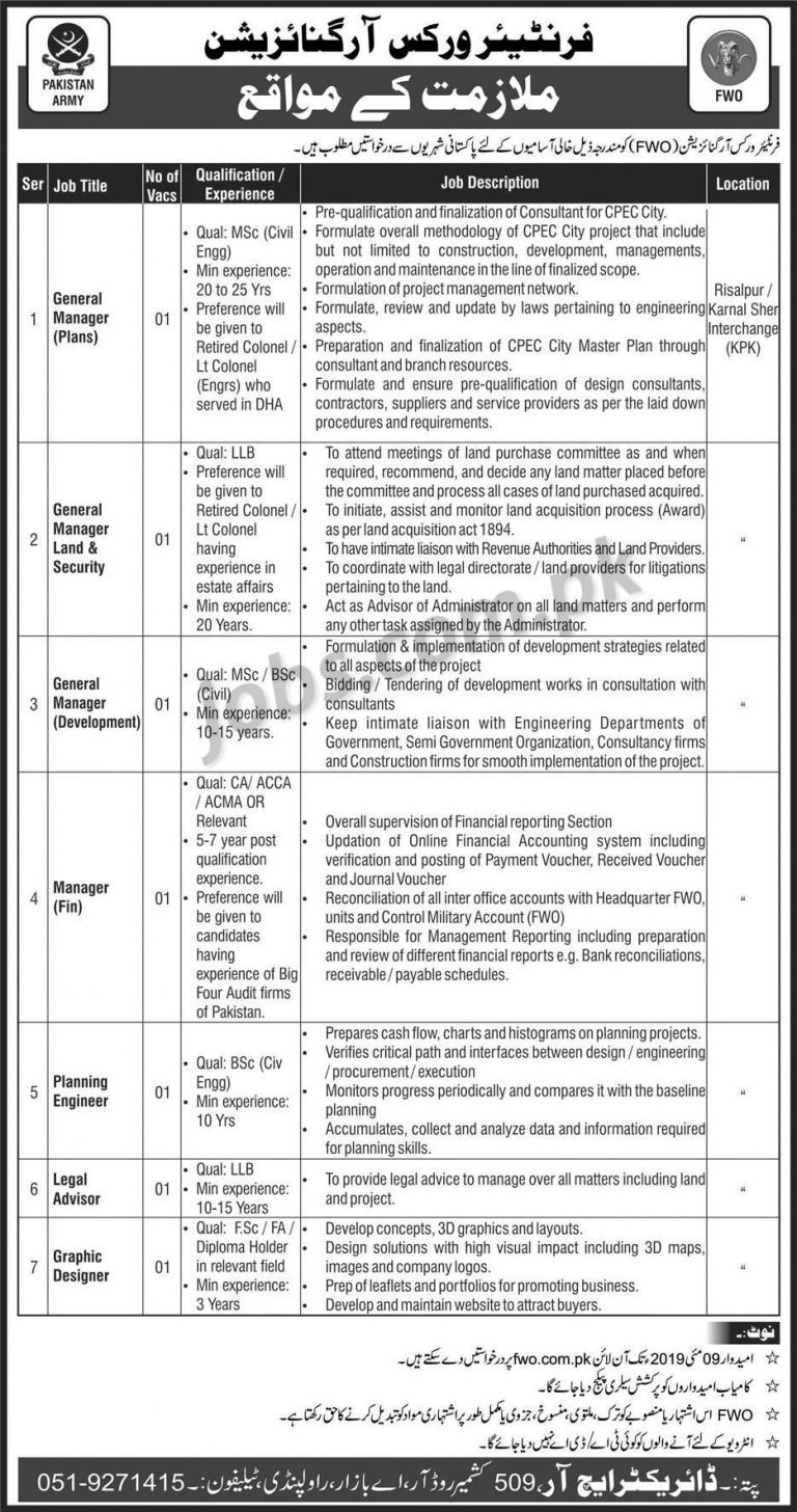 Frontier Works Organization (FWO) Jobs 2019 for Legal, Finance, Engineering, Graphic Designer and Managers Posts
