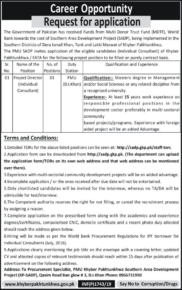 KP Southern Area Development Project Jobs 2019 for Project Director / Consultant