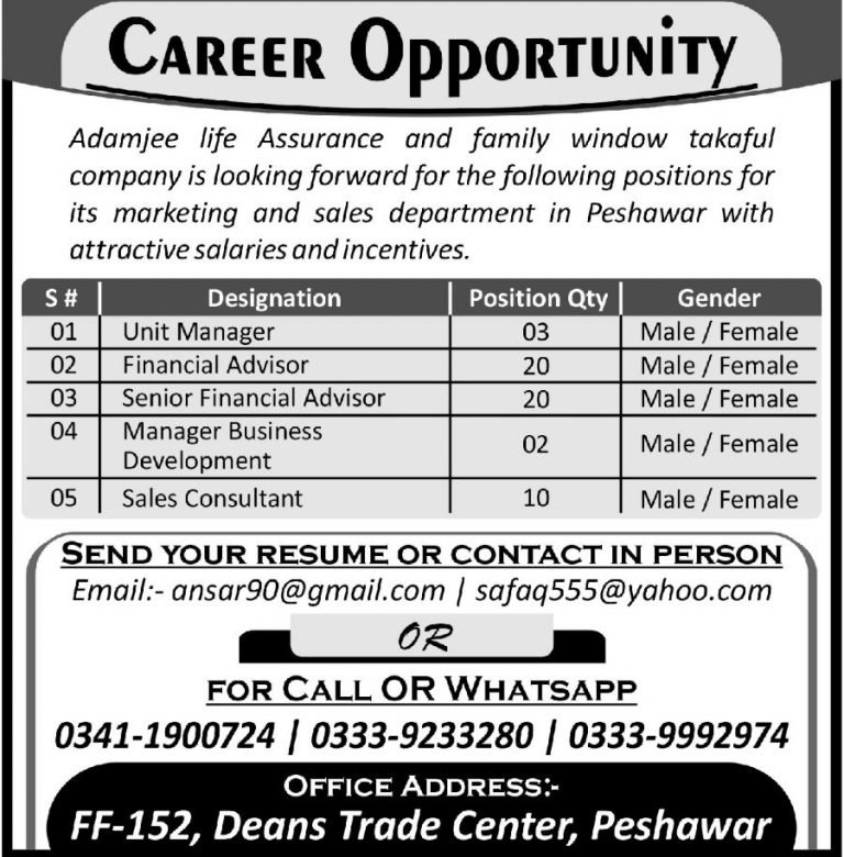 Adamjee Life Assurance Jobs 2019 for 55+ Unit Managers, Financial Advisors, Business Development Manager and Sales Consultants