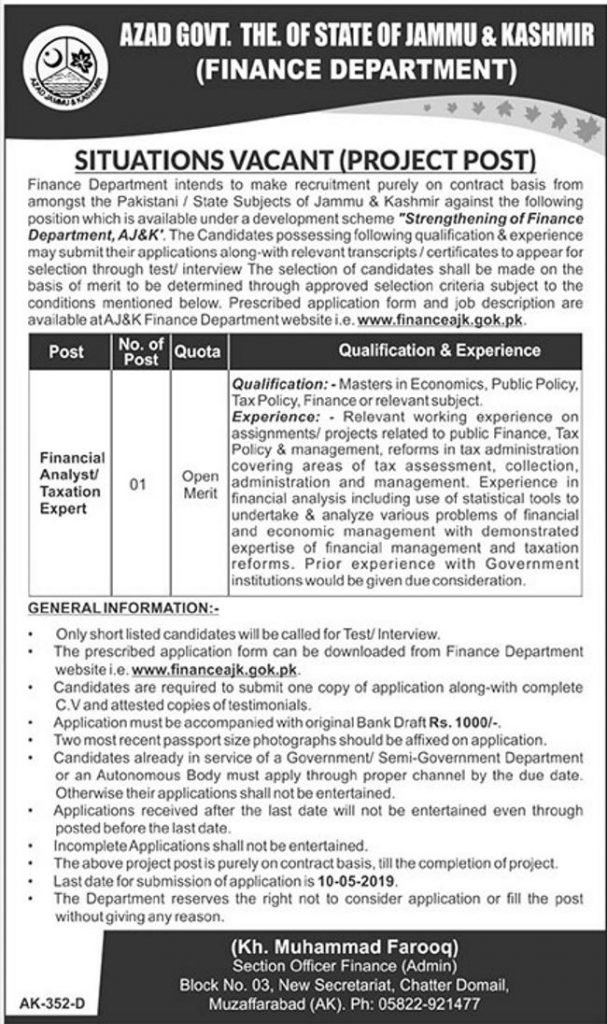 Finance Department AJK Jobs 2019 for Financial Analyst / Taxation Expert