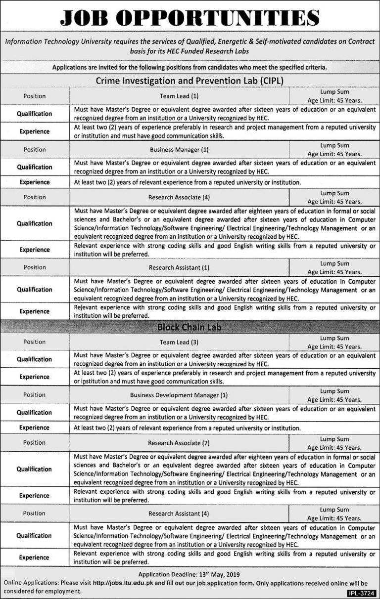 Information Technology University (ITU) Jobs 2019 for 22+ Research, Business Development & Team Lead Posts