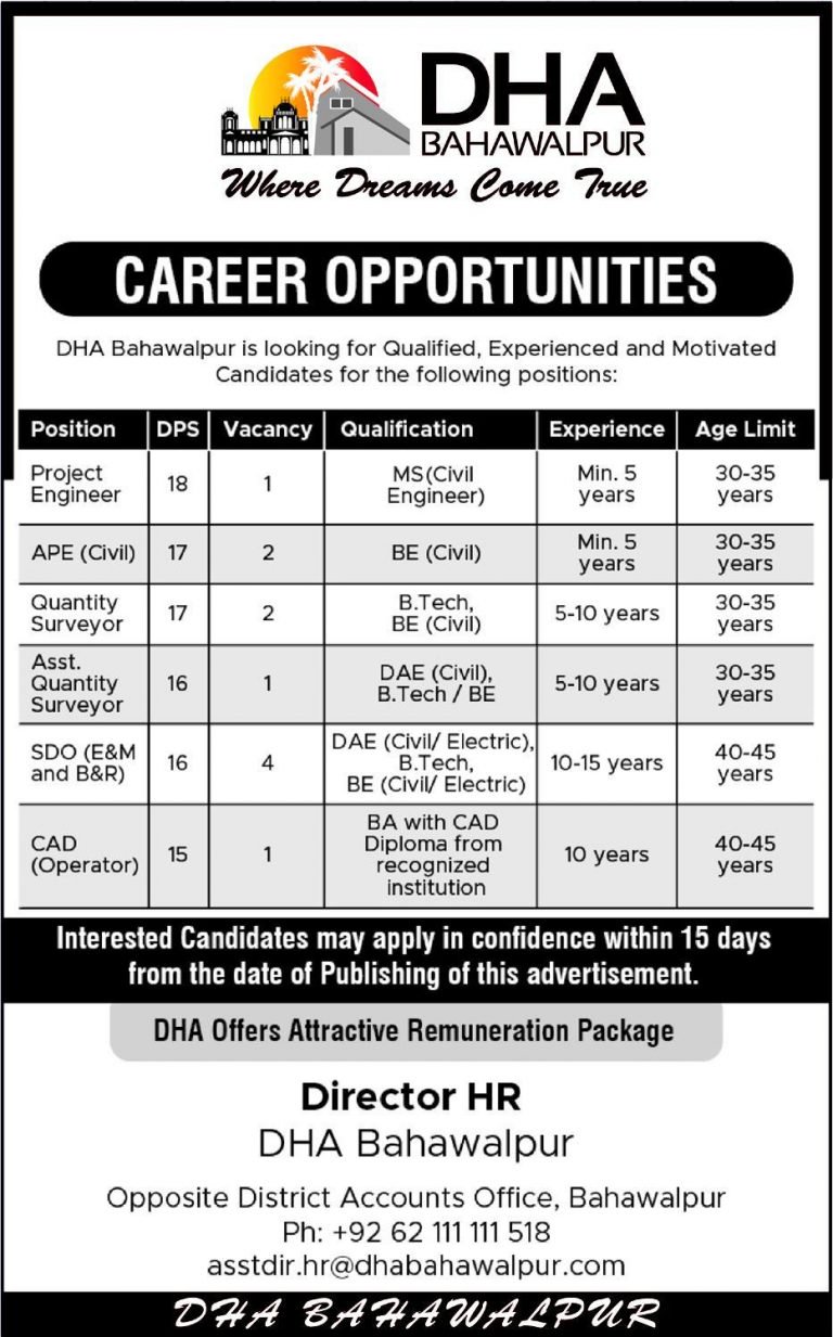 DHA Bahawalpur Jobs 2019 for 11+ CAD, SDO, DAE and Engineering Posts