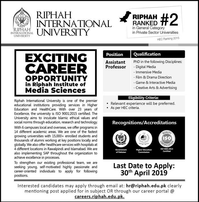 Ripah International University Jobs 2019 for Teaching Faculty