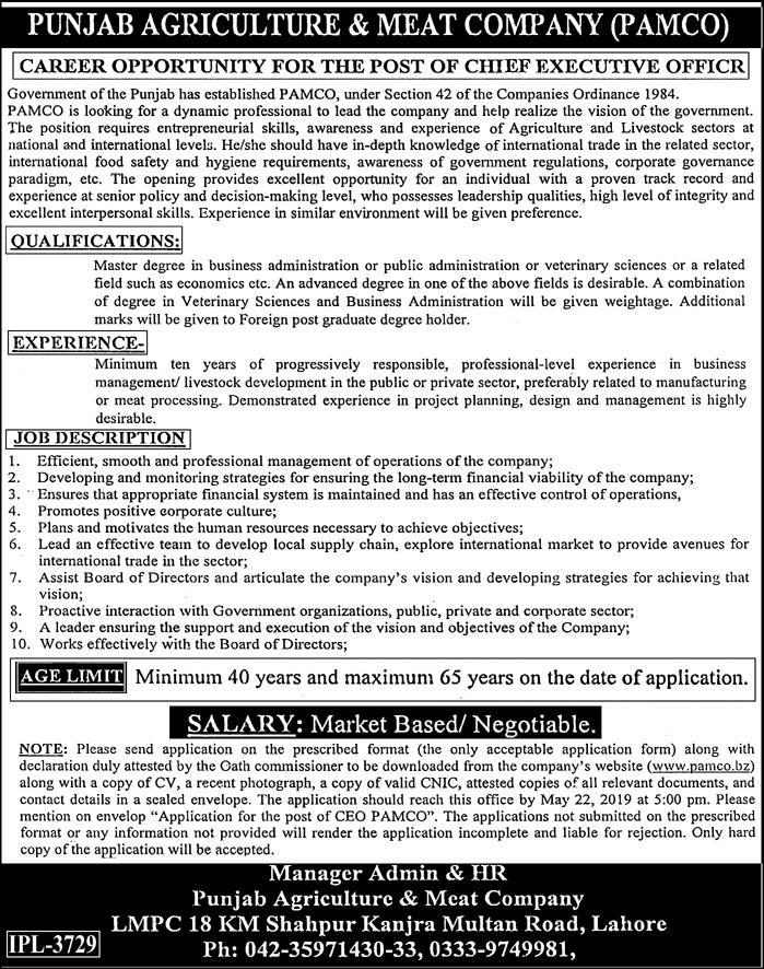 Punjab Agriculture & Meat Company (PAMCO) Jobs 2019 for CEO / Management