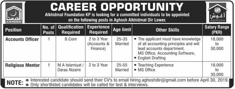Alkhidmat Foundation NGO Jobs 2019 for Accounts Officer and Religious Mentor