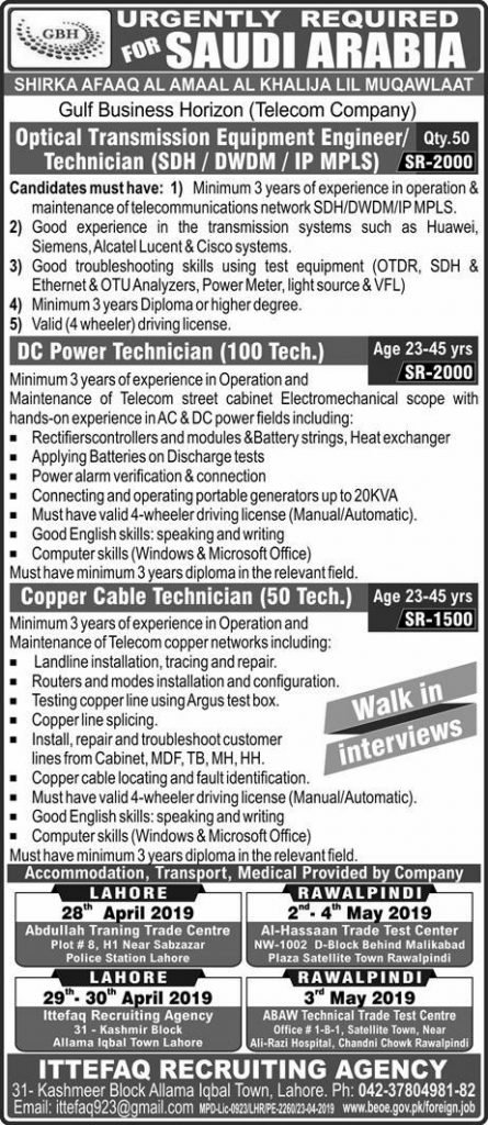 Saudi Arabia Telecom Company Jobs 2019 for 200+ Telecom Technicians